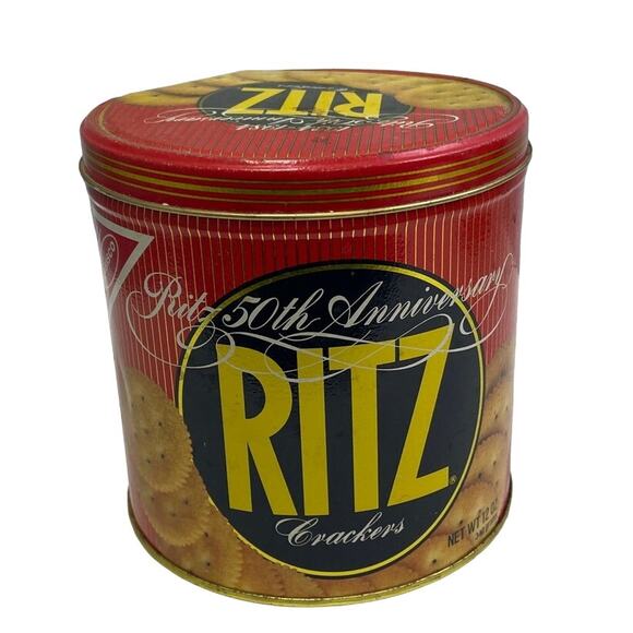 Vintage 1984 50th Anniversary Ritz Crackers Round 12oz Metal Tin w Lid - Picture 1 of 4